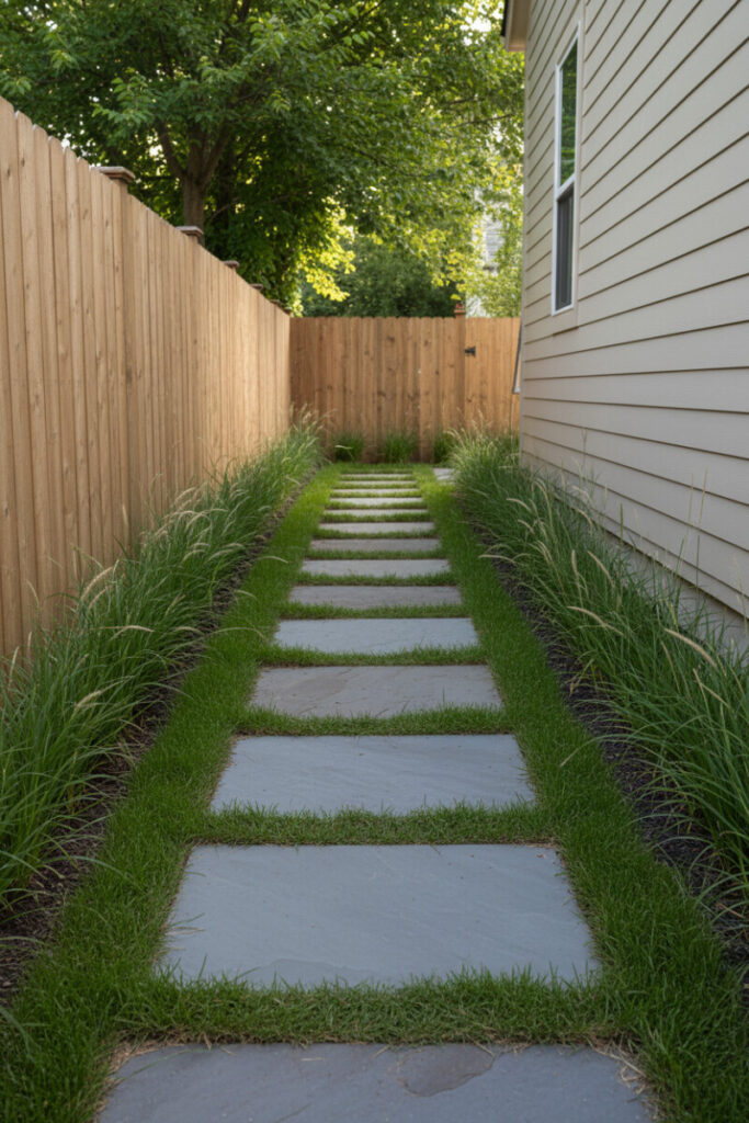 Slate-gray flagstone pavers set in lush lawn with soft overgrown edges—side yard walkway ideas with plants.