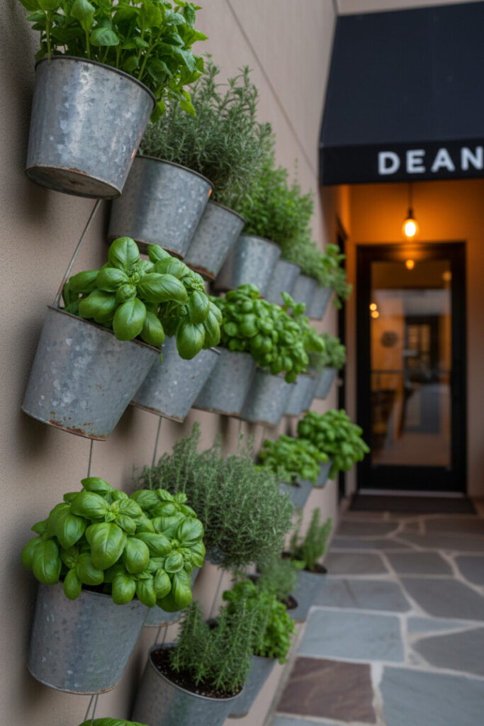 Vertical herb wall of galvanized buckets overflowing with basil, rosemary, and thyme along a gray flagstone path for small backyard landscaping.