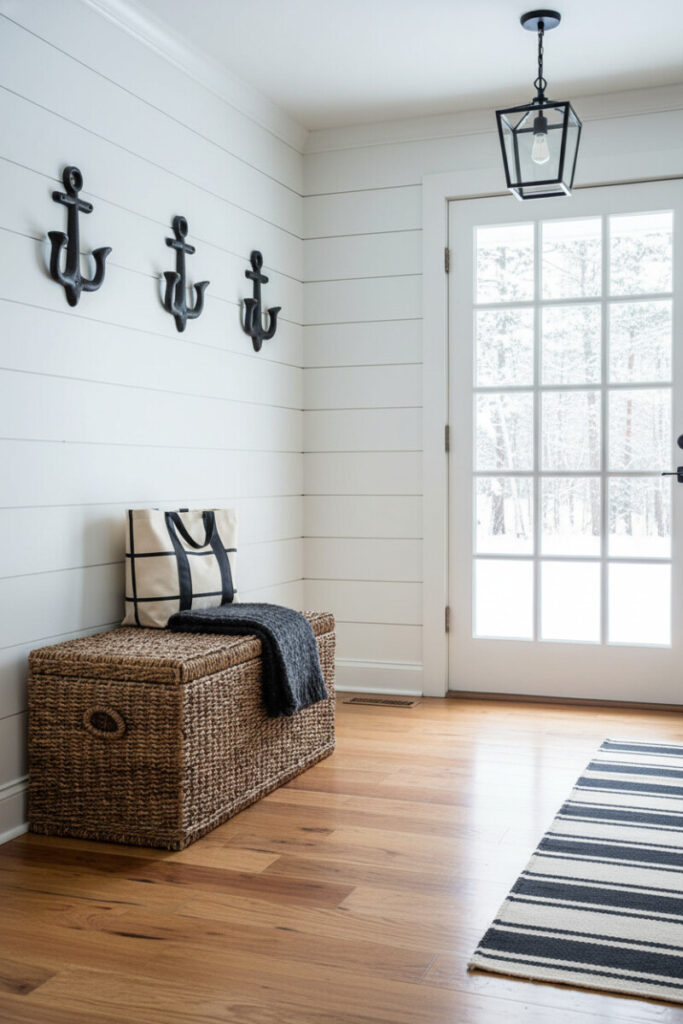 Bright coastal farmhouse entry with matte-black anchor wall hooks above a wicker bench, striped rug, and snowy view—classic nautical interior design.