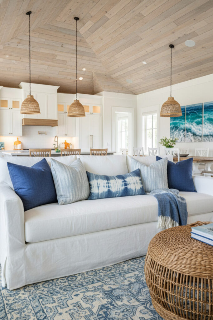 White slipcovered sofa layered with indigo and cerulean nautical throw pillows and a woven rattan table—polished coastal home decor.