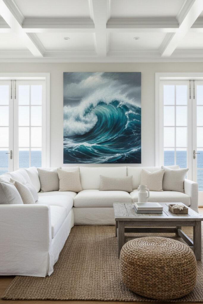 Airy living room anchored by oversized ocean wall art, white linen seating, and braided jute—gallery-scale nautical interior design.