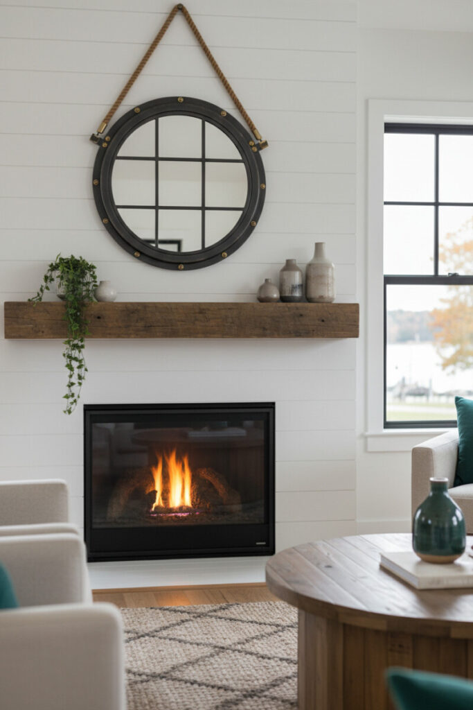Shiplap fireplace with a rope-hung metal porthole mirror over a reclaimed-wood mantel and glowing fire—refined nautical interior design.