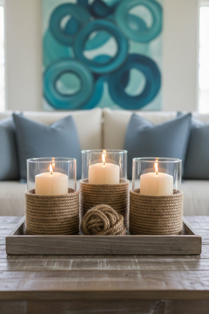 Rope-wrapped glass hurricanes with cream pillar candles on a distressed wood tray beside slate-blue pillows—textured Beach Decor Ideas.