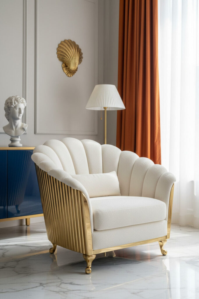 Cream bouclé seashell chair with polished gold trim on marble floor, paired with sapphire cabinet and orange drape—glam coastal home decor.