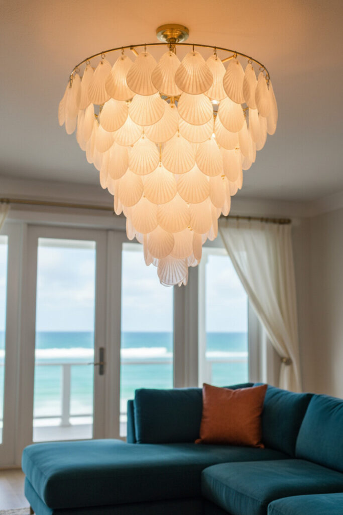 Tiered seashell chandelier casting a golden glow above a teal velvet sectional and open French doors—elevated coastal home decor.