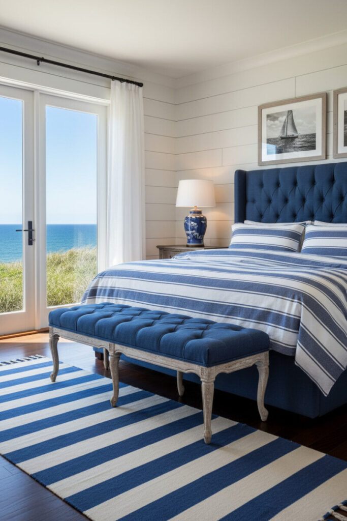 Bedroom with bold blue-and-white seaside stripes on duvet and rug, tufted indigo headboard, and shiplap walls—crisp Beach Decor Ideas.