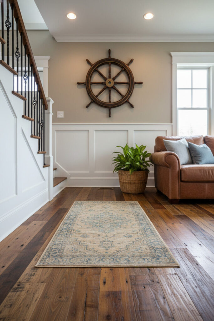 Foyer featuring an oversized wooden ship wheel above white wainscoting, distressed runner, and leather sofa—authentic nautical interior design.