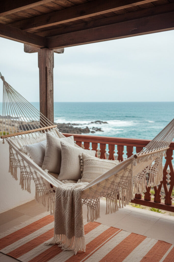 Cream macramé beach hammock with cozy pillows on a rustic balcony overlooking turquoise ocean—relaxed Beach Decor Ideas.