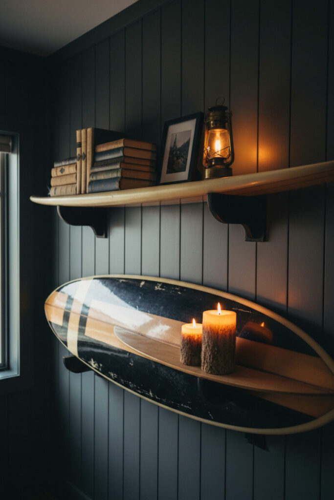 Surf lodge vignette with vintage longboards mounted as shelves holding books and candles against charcoal shiplap—playful Beach Decor Ideas.