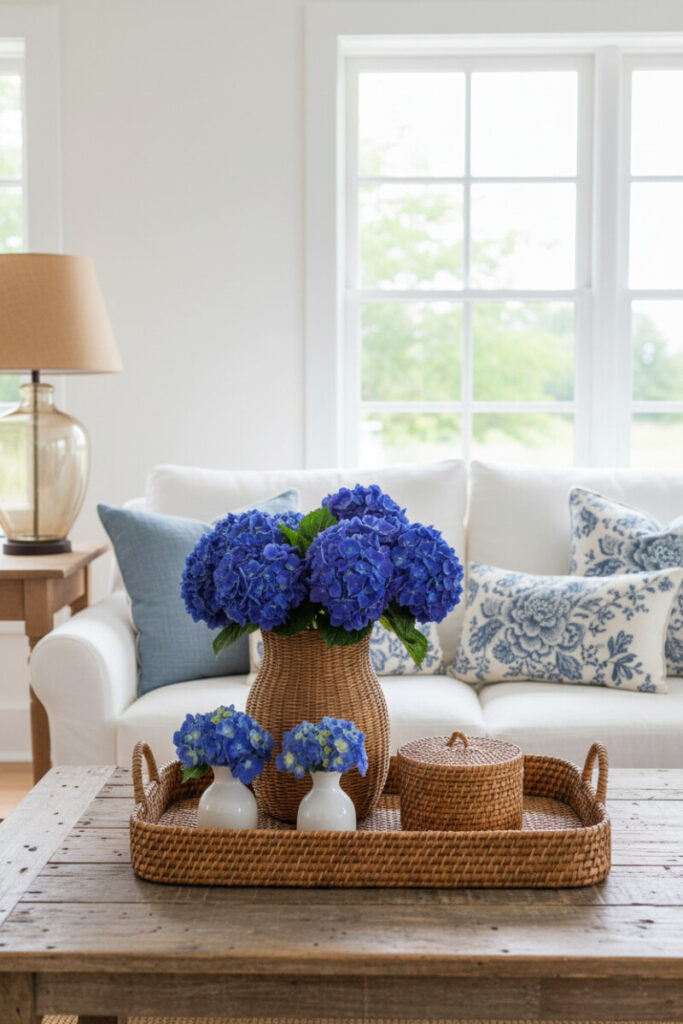 Rustic coffee table vignette with wicker tray, hydrangeas, bud vases, and a lidded basket before a white slipcovered sofa—timeless coastal home decor.