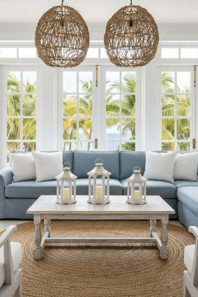 Whitewashed beach lanterns with candles and shells on a coffee table, simple glow that suits how to decorate a beach house on a budget.