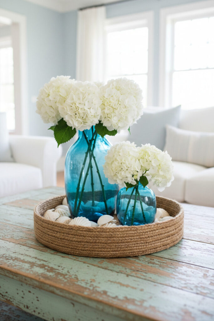 Blue glass vases with white hydrangeas on a woven jute tray atop a weathered seafoam table—elegant coastal home decor.