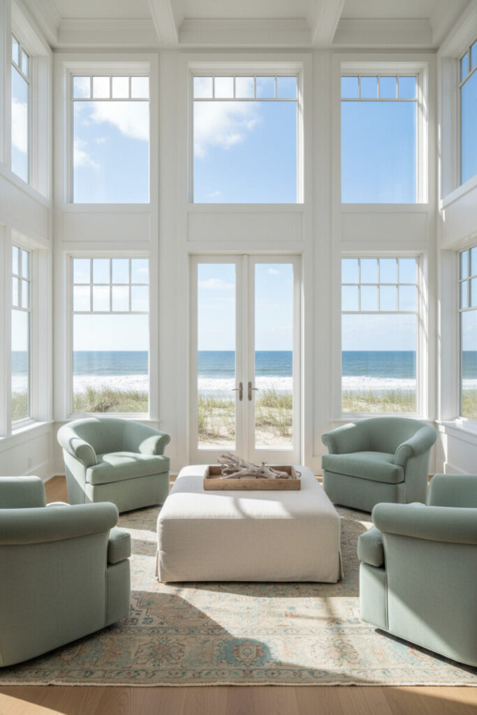 Sunlit living room with seafoam and pale-blue upholstery, rattan pendants, and jute rug—inviting coastal farmhouse living room ideas.
