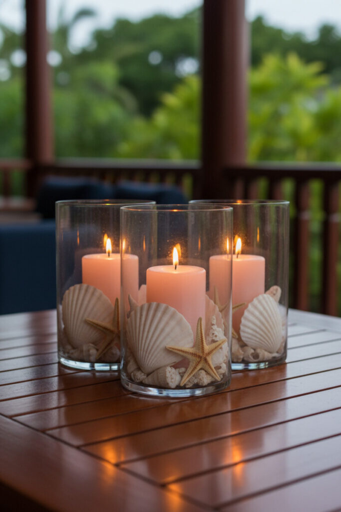 Trio of seaside-inspired votive candle holders on glossy wood, shells and starfish reflecting warm light—easy Beach Decor Ideas.