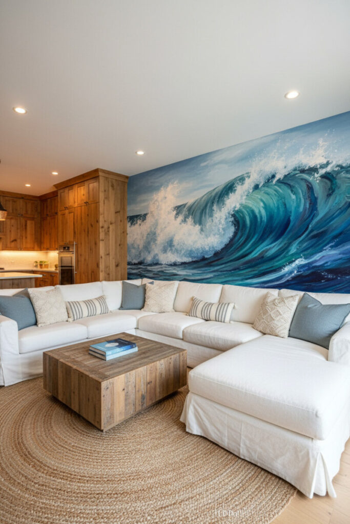 Open living room with a dramatic crashing-wave wall mural behind a white slipcovered sectional and jute rug—statement nautical interior design.