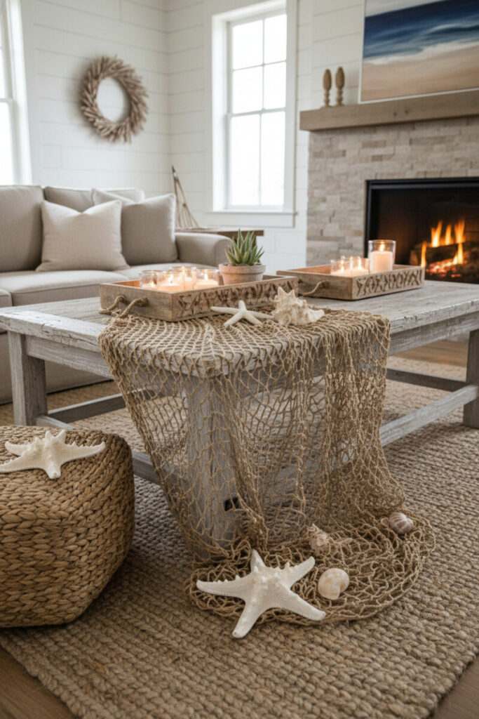 Weathered coffee table styled with a draped jute fishnet, white starfish, shells, and candlelight—textural Beach Decor Ideas.