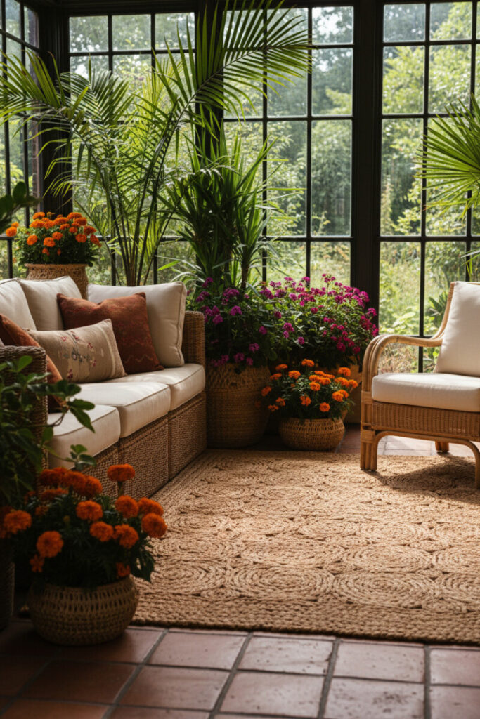 Sunroom with dark-framed windows, lush plants, and a thick natural fiber rug over terracotta tile—smart choice for how to decorate a beach house on a budget.
