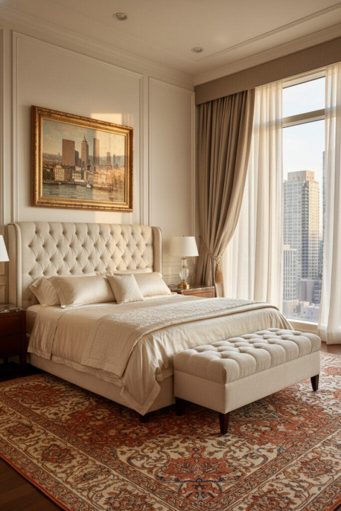 Luxury penthouse with taupe floor-to-ceiling drapes over sheers, ivory tufted headboard, Persian rug, and golden hour glow—Bedroom Curtain Ideas for all-out luxury.