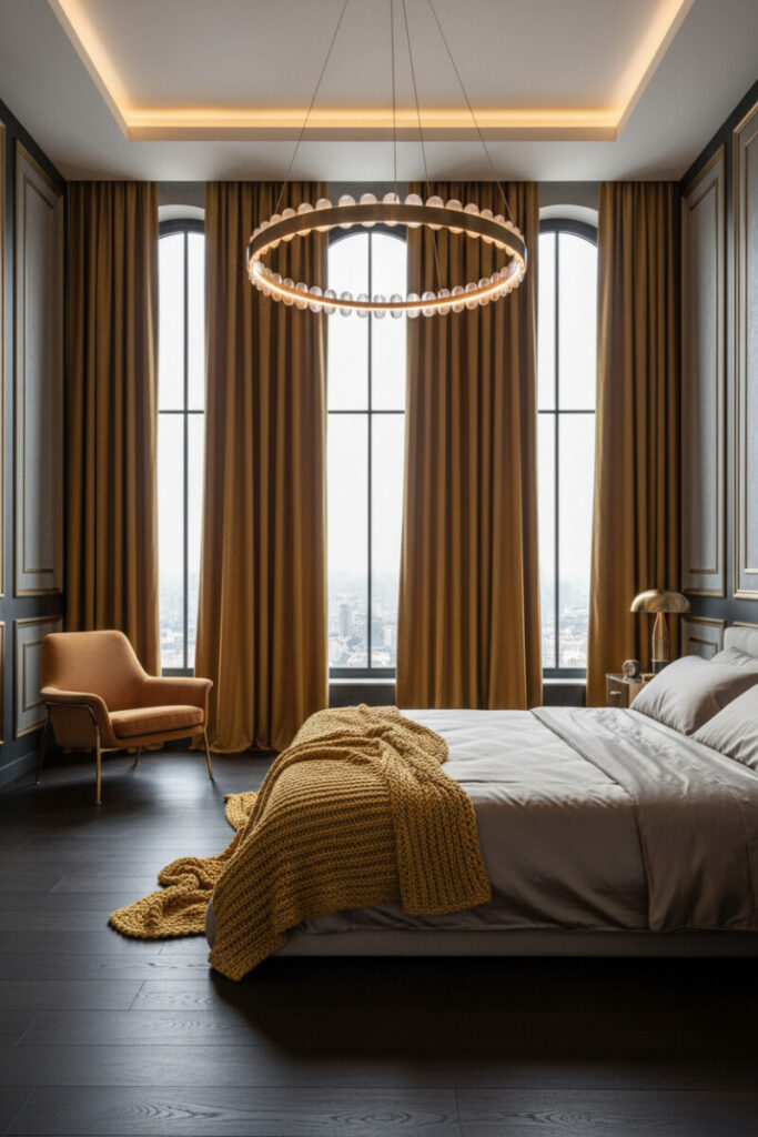 Golden Era room featuring deep gold velvet curtains, brass ring chandelier, taupe silk bedding, and mustard knit throw; elegant window treatments that add drama.
