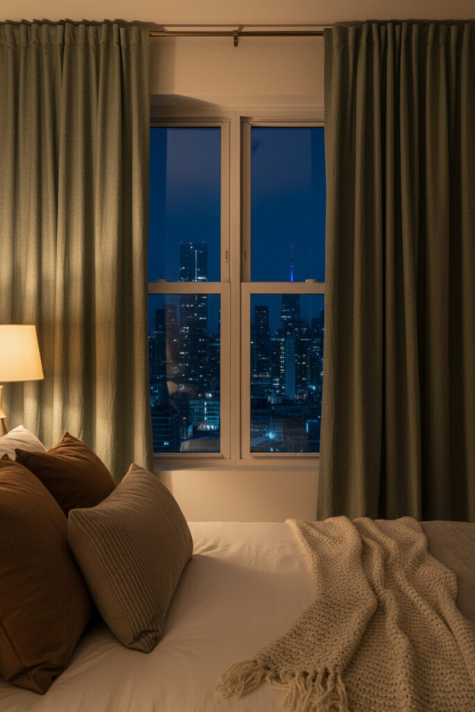 Nighttime oasis with sage-olive linen drapes, amber bedside lamp, white duvet, and city lights beyond—best curtains for cozy bedroom ambiance.