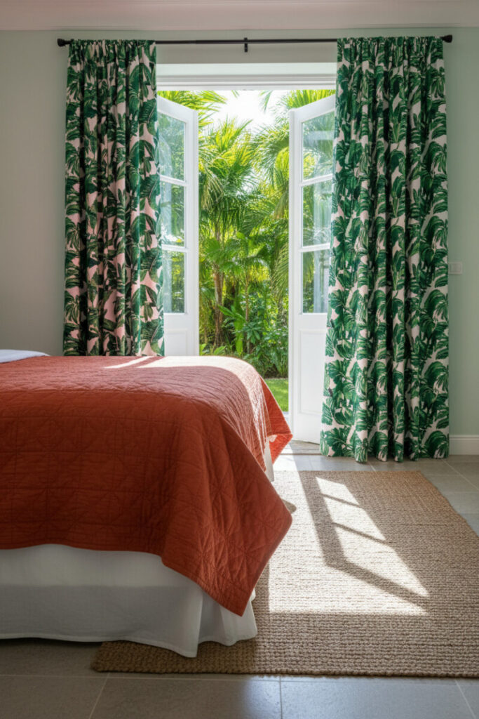 Tropical bedroom with maximalist banana-leaf curtains on a black rod, tangerine quilted duvet, and jute rug—curtain styles for bedroom designs that embrace bold foliage.