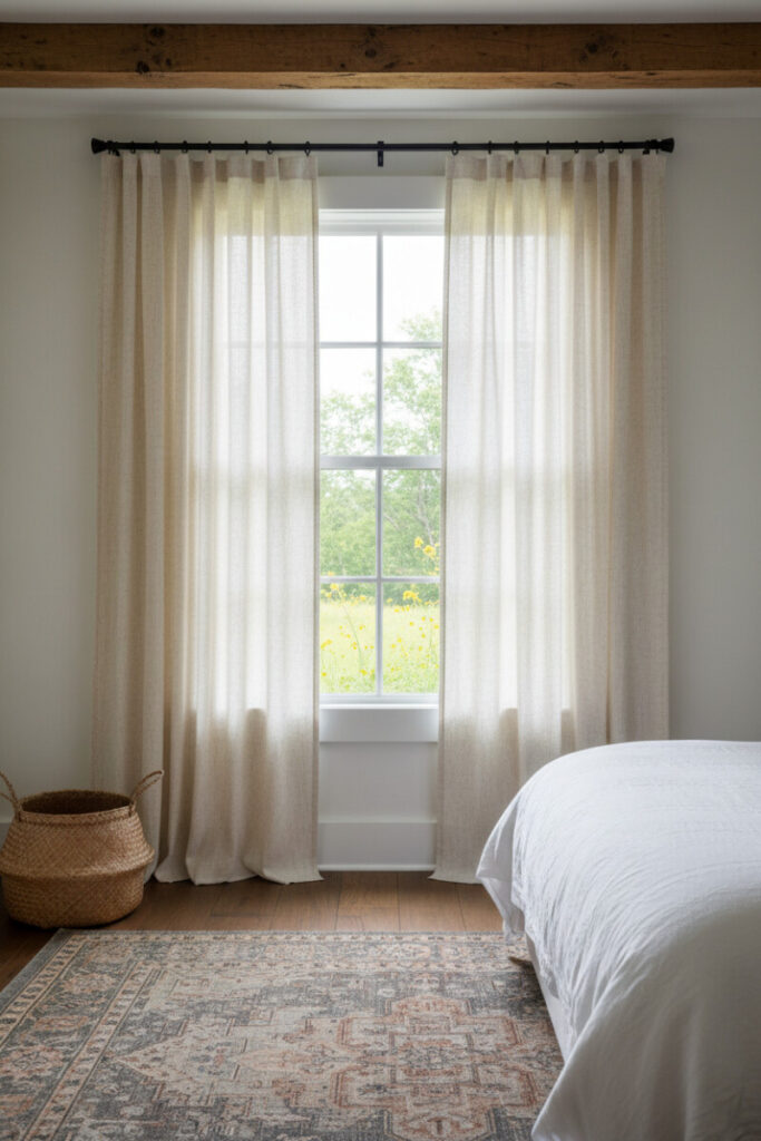 Farmhouse interior with heavy off-white linen drapes over sheer gauze, exposed beams, and distressed rug; best curtains for cozy bedroom warmth and texture.