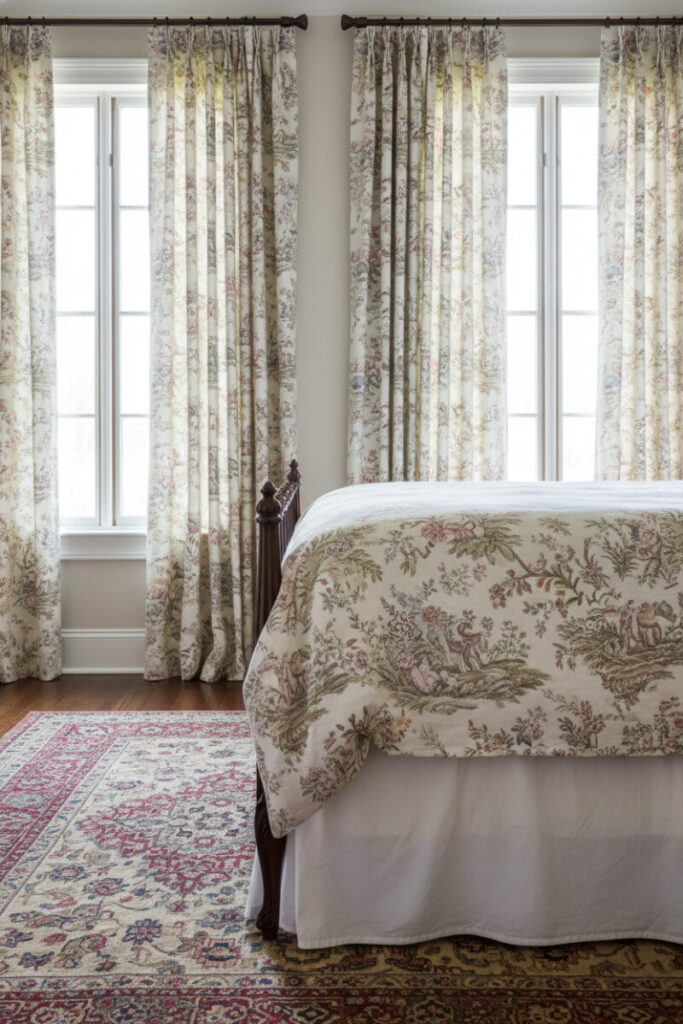 Provincial bedroom with cream Toile de Jouy pinch-pleat curtains puddling on hardwood and a crimson oriental rug—elegant window treatments with French elegance.