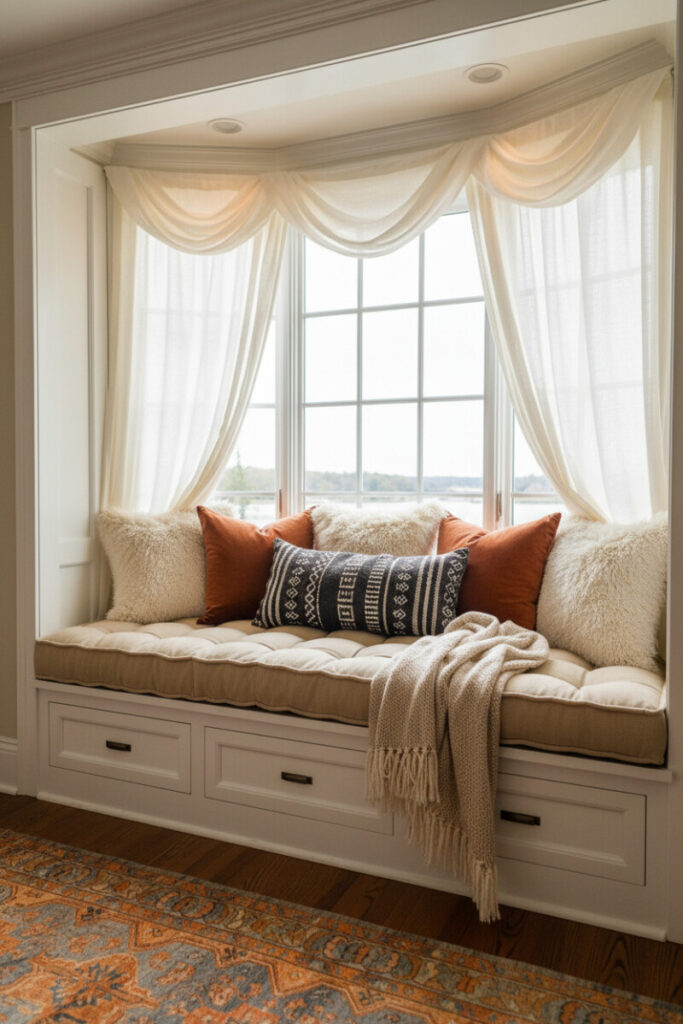 White built-in bench with tufted cream cushion, faux fur and terracotta pillows, sheer drapes, and warm spotlights, a luxurious cozy reading nook and polished reference for upscale window seat ideas.
