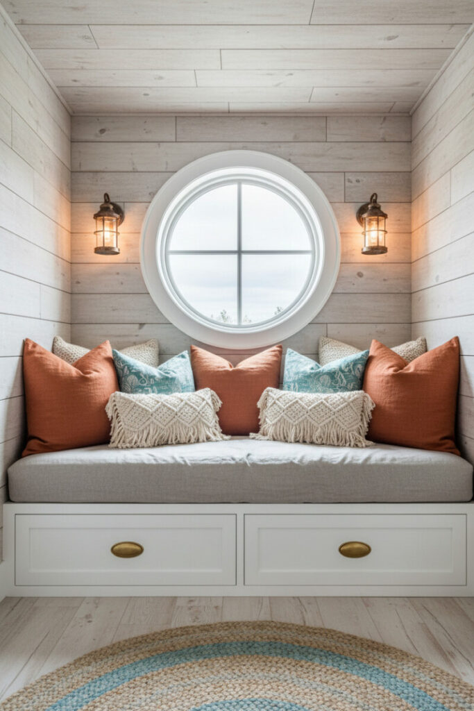 Coastal window bench with distressed white shiplap, grey cushion, burnt orange, aqua, and ivory pillows, round jute rug, and porthole window, a breezy seaside take on bedroom window seat nook ideas and relaxed window seat ideas.