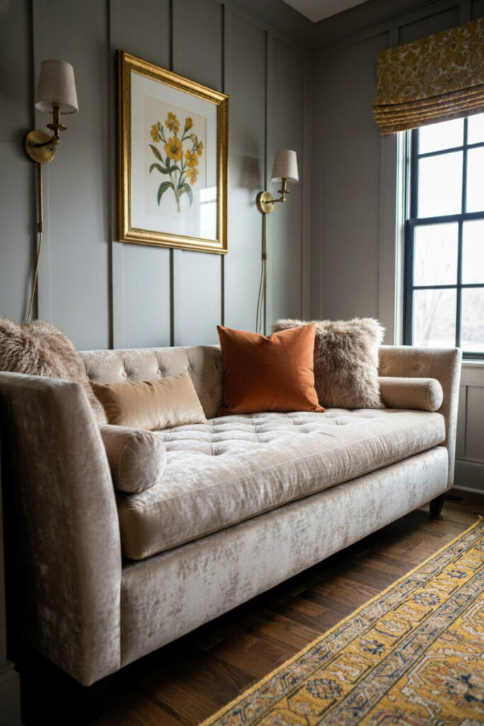 Champagne velvet chaise lounge with shaggy faux fur cushions, burnt orange velvet pillow, brass sconces, botanical art, and Persian rug, a glamorous corner that reads as a luxurious cozy reading nook.