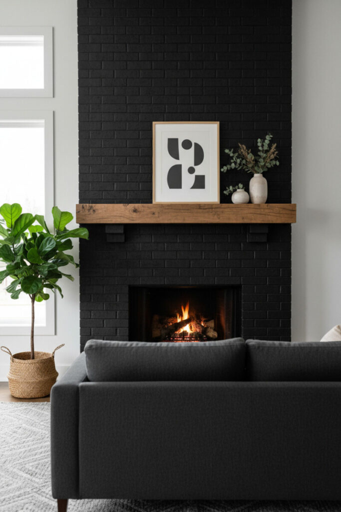 Eye-level interior with a matte black brick fireplace, reclaimed wood mantel, abstract minimalist art, glowing firebox, and eucalyptus in cream vases, a refined example of Black Brick Fireplace Designs.