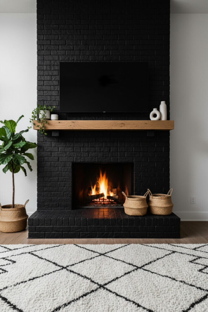 Modern organic living room with deep matte black brick surround, light oak mantel beneath a black TV, bright flames, white shag rug with rhombus pattern, baskets, and ceramic vases.