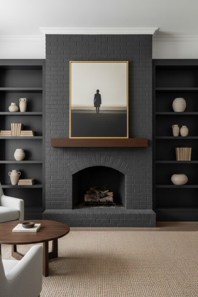 Moody monochrome setup: charcoal brick and matching built-ins, dark walnut mantel, brass-framed black-and-white landscape, arched firebox with logs, pale jute rug, and light gray armchair.
