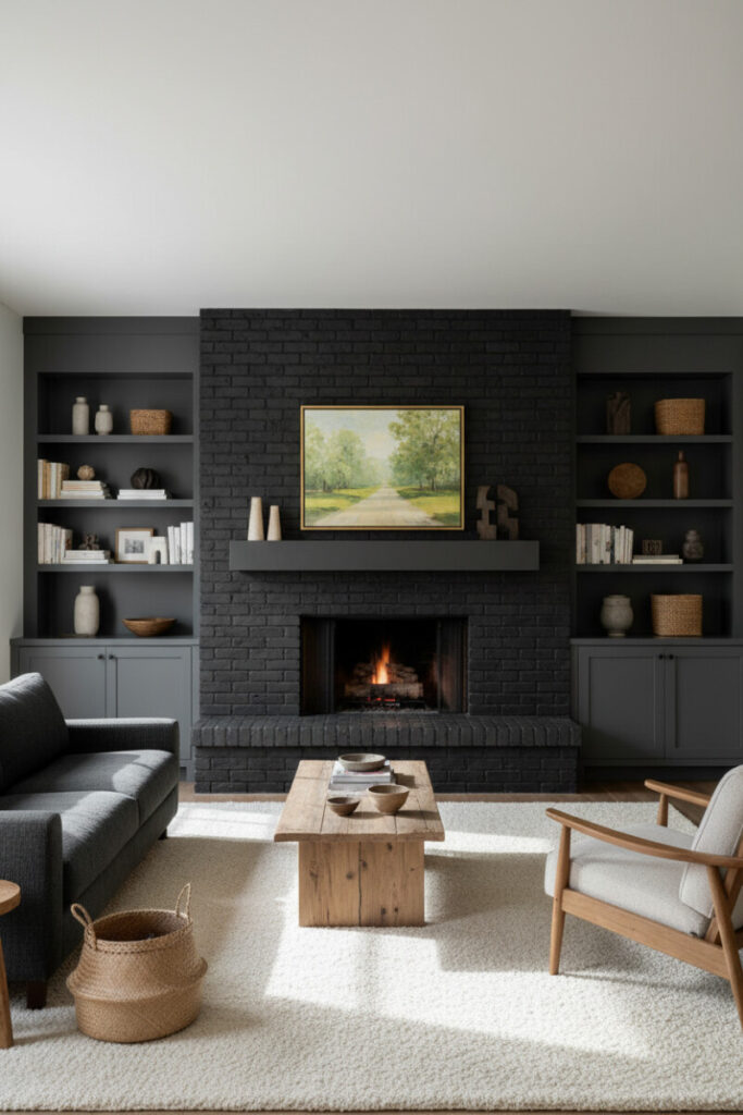 Symmetrical black brick fireplace framed by charcoal cabinetry, small amber fire, gold-framed green landscape painting, off-white shag rug, rustic wood coffee table—quiet Black Brick Fireplace Designs.