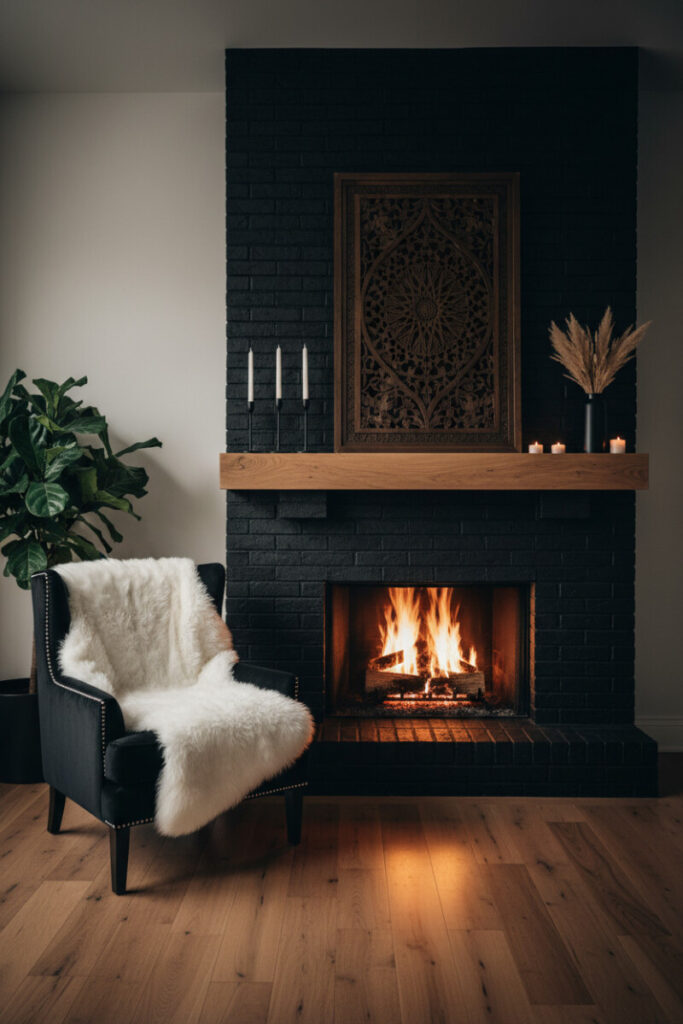 Luxurious Moorish mood with matte black brick, light oak mantel, carved dark walnut panel of Islamic patterns, roaring fire, black velvet wingback with sheepskin, and candlelight reflections.