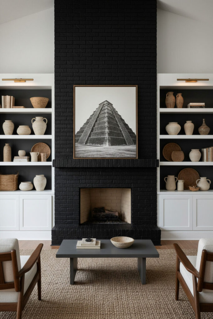 Rustic modernism: slightly irregular matte black brick chimney under white vaulted ceiling, white built-ins with charcoal backs, brass picture lights, pyramid photo, chunky jute rug, and gray coffee table.
