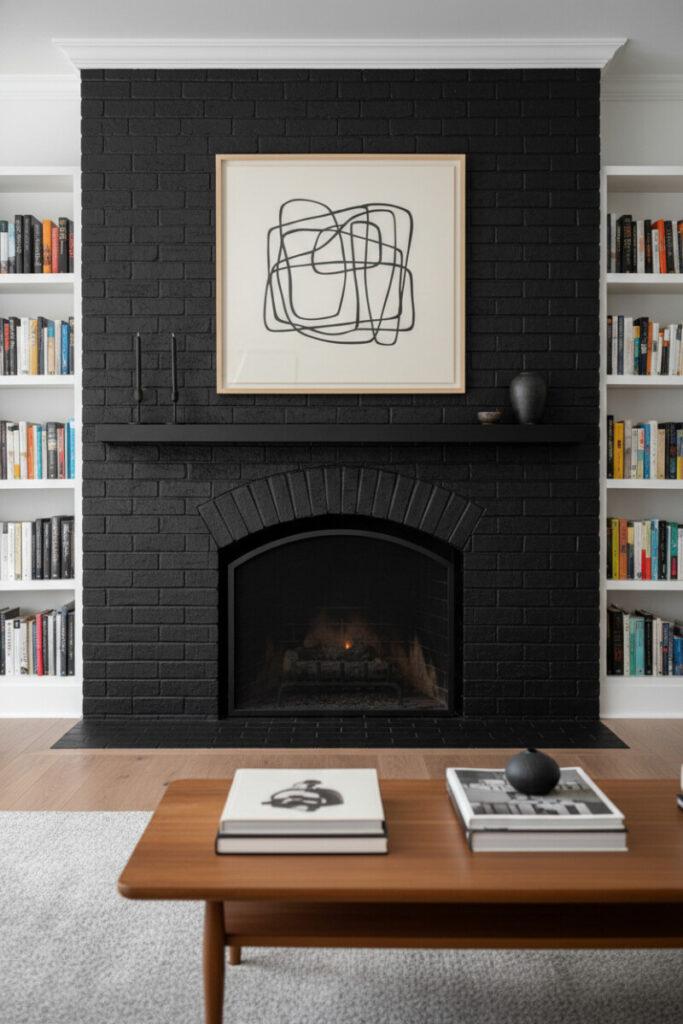 Sleek symmetry with tall black brick mass, white built-ins full of books, arched ember-lit firebox, floating black shelf, light oak–framed abstract, teak coffee table on light gray wool rug.