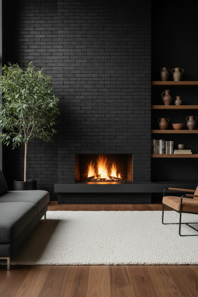 Industrial-chic subway monolith of elongated matte black brick, linear gas flame above a dark mantel, niche shelving with terracotta and books, faux ficus, tan leather chair, boucle rug—matte black brick statement.