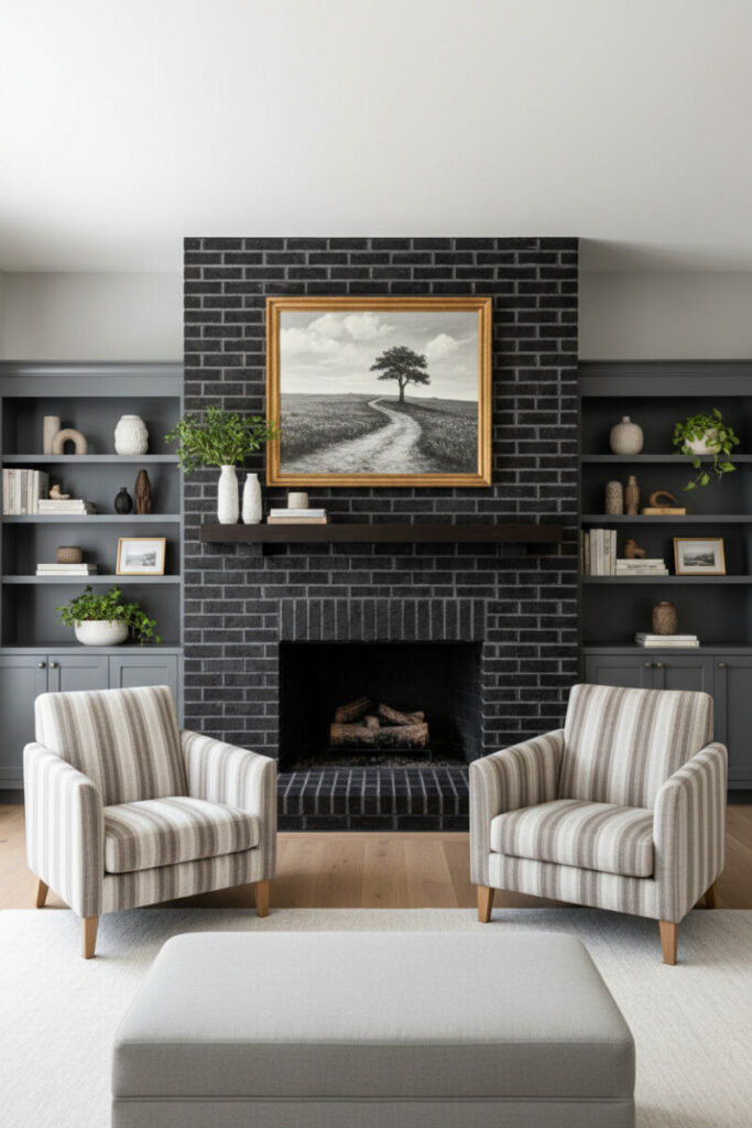 Transitional balance with matte black brick and gray mortar lines, espresso floating mantel, slate-gray cabinetry, gold-framed black-and-white landscape, striped armchairs, large gray ottoman, and oak floors.