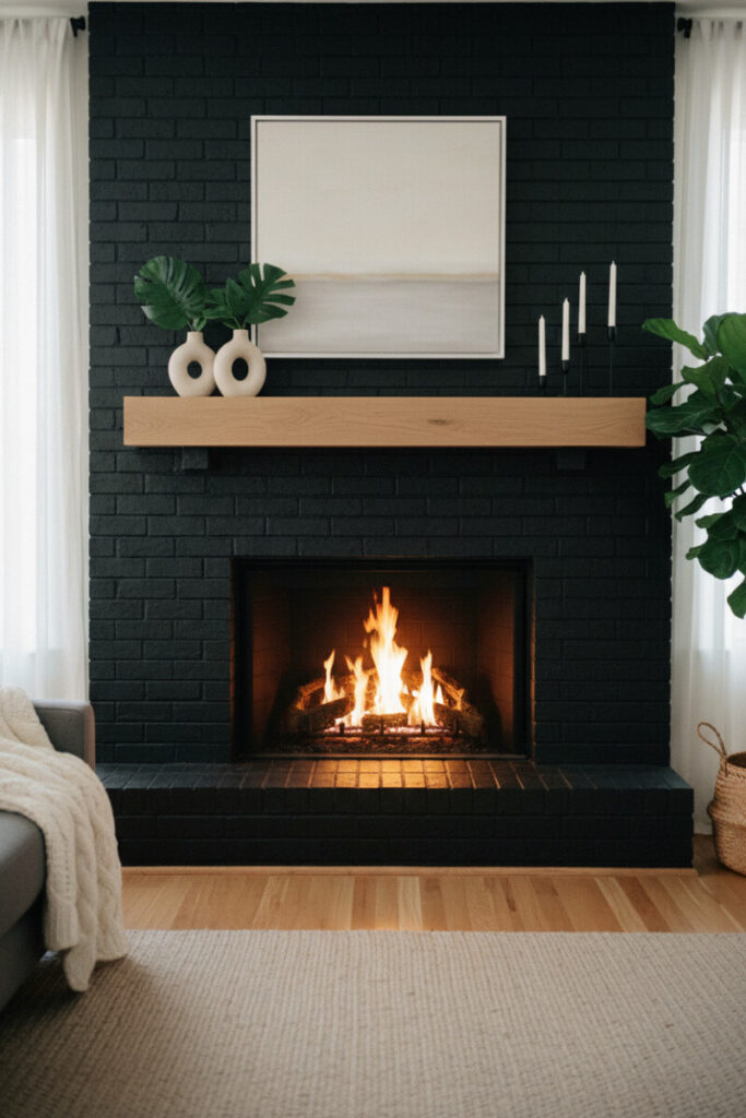 Warm minimalism: perfectly centered matte black brick surround, light oak floating mantel with donut vases and Monstera leaves, horizontal neutral abstract, roaring fire, beige woven rug—showcasing black brick fireplace with wood mantel and floor-to-ceiling black brick fireplace wall.