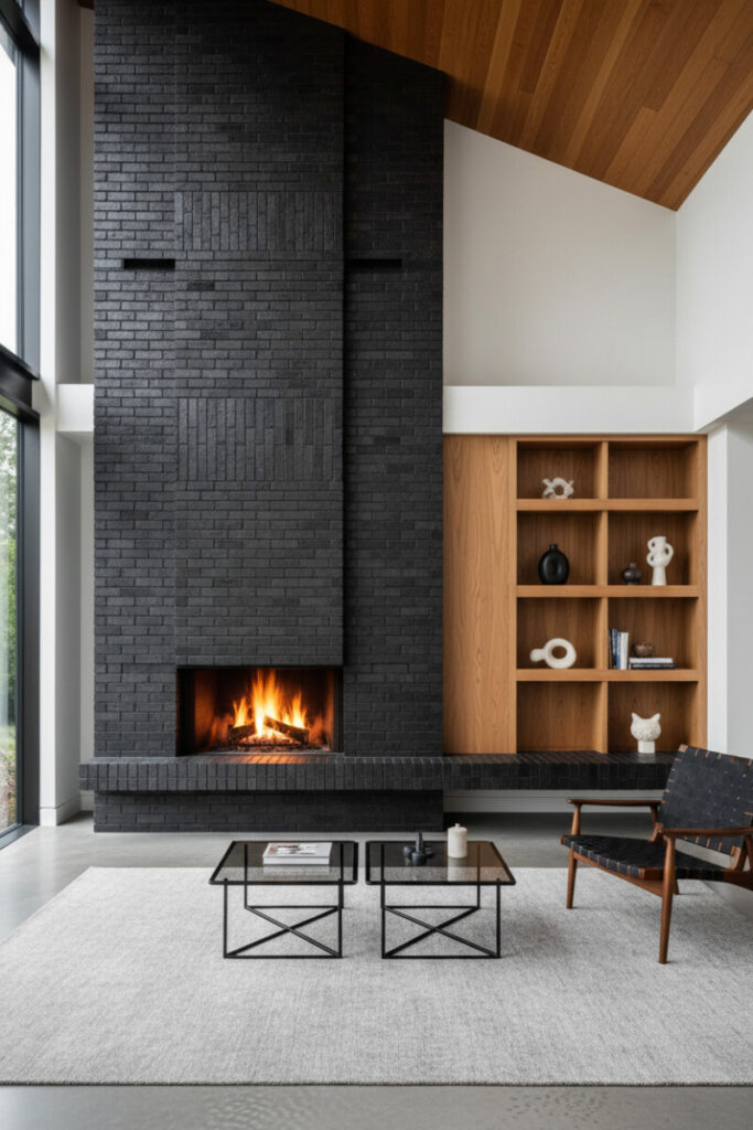Wide living room view featuring a floor-to-ceiling chimney of slender matte bricks with an asymmetrical panel, linear hearth bench, glass coffee tables, and vaulted cedar ceiling—bold modern fireplace ideas.