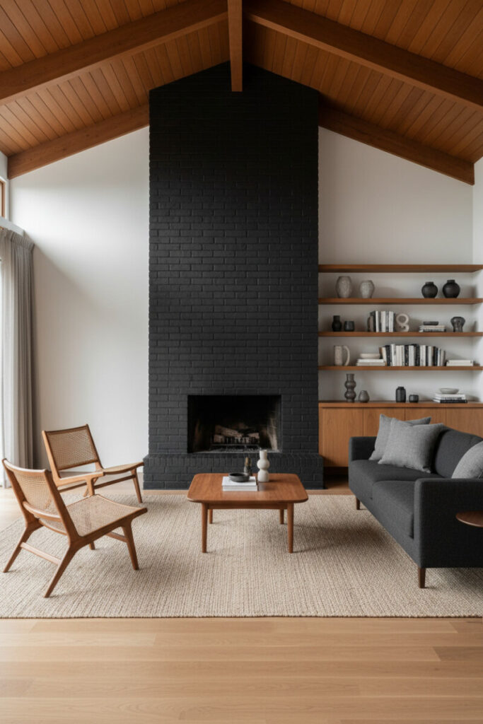 Mid-century living room with a massive bare matte black brick chimney breast, no mantel, cedar cathedral ceiling, teak-and-cane chairs, and jute rug under soft daylight.