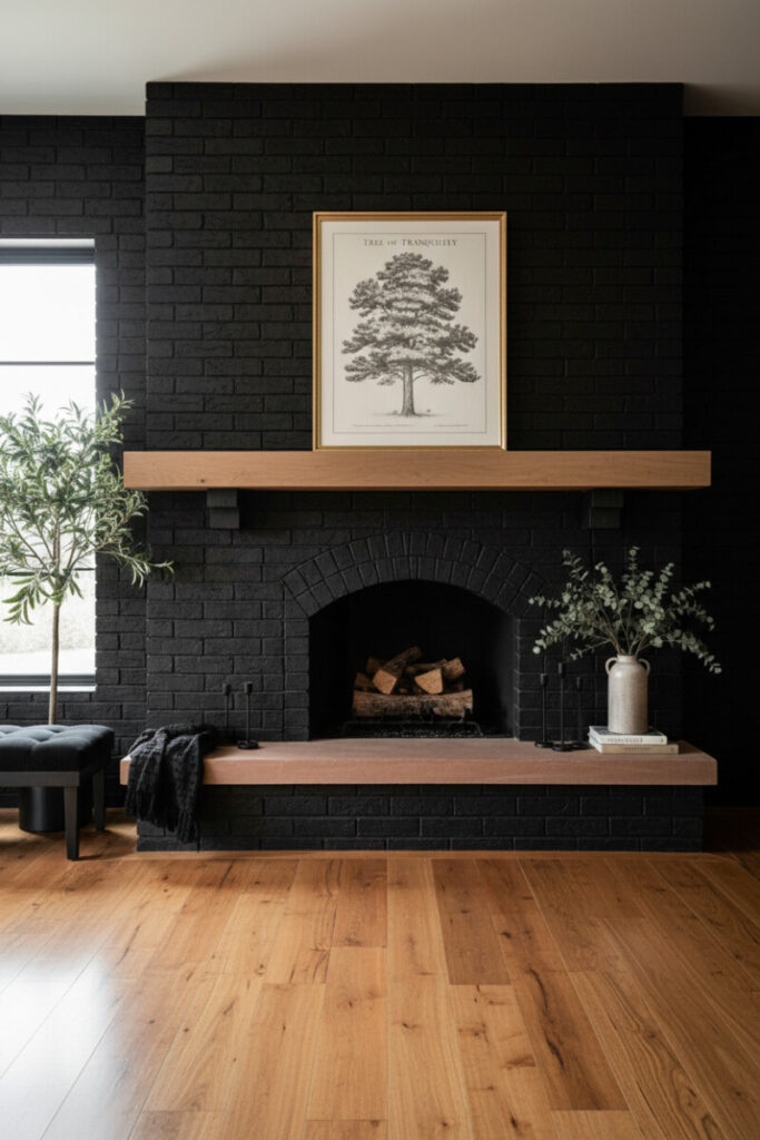 Symmetrical black brick fireplace with arched opening, golden oak mantel and hearth, tree botanical print, olive tree, eucalyptus vase, and stacked logs—classic Black Brick Fireplace Designs.