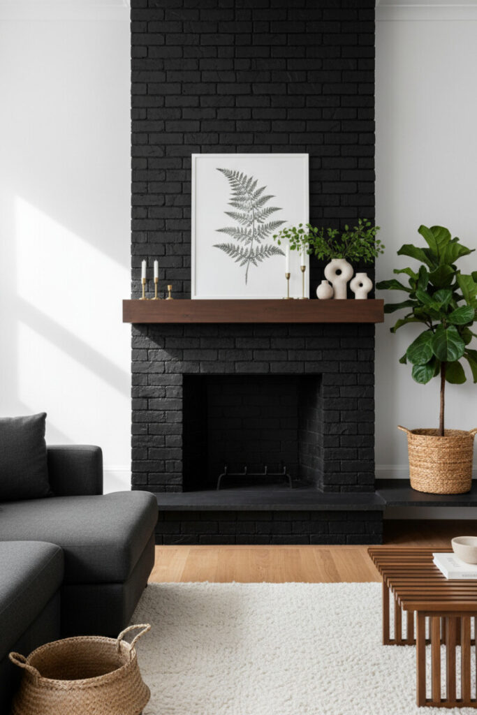 Tall matte black brick fireplace with dark walnut floating shelf, fern artwork, brass candlesticks, Fiddle Leaf Fig, charcoal sectional, and cream rug, showcasing matte black brick texture.