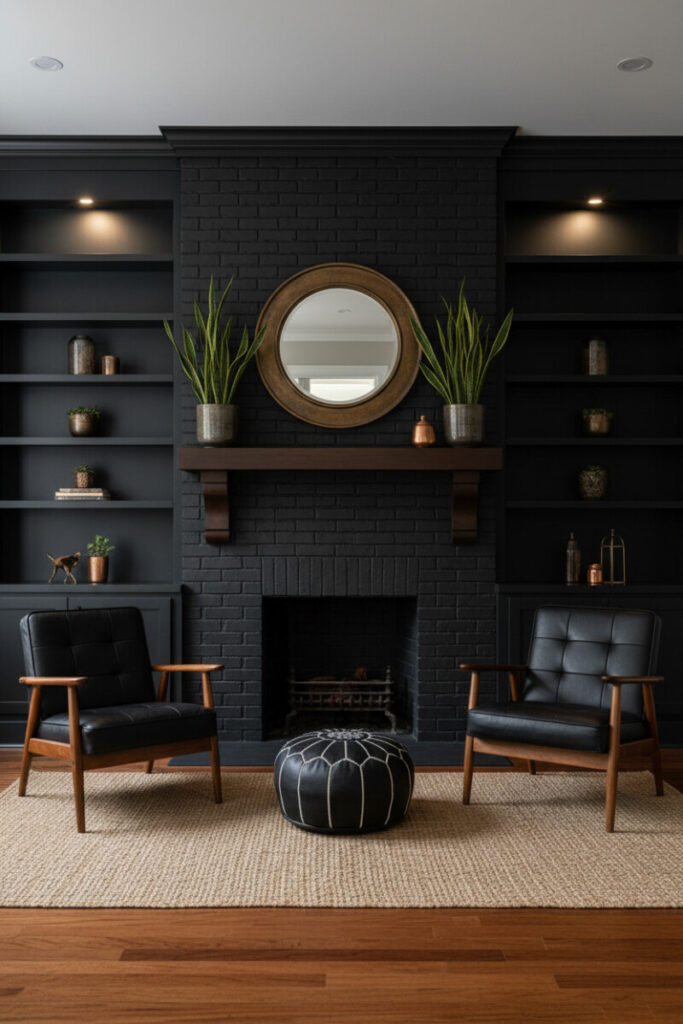 Centered composition of charcoal brick surround flanked by slate-gray built-ins, brass-framed round mirror on walnut mantel, twin leather-and-teak chairs, and Moroccan pouf—polished Black Brick Fireplace Designs.