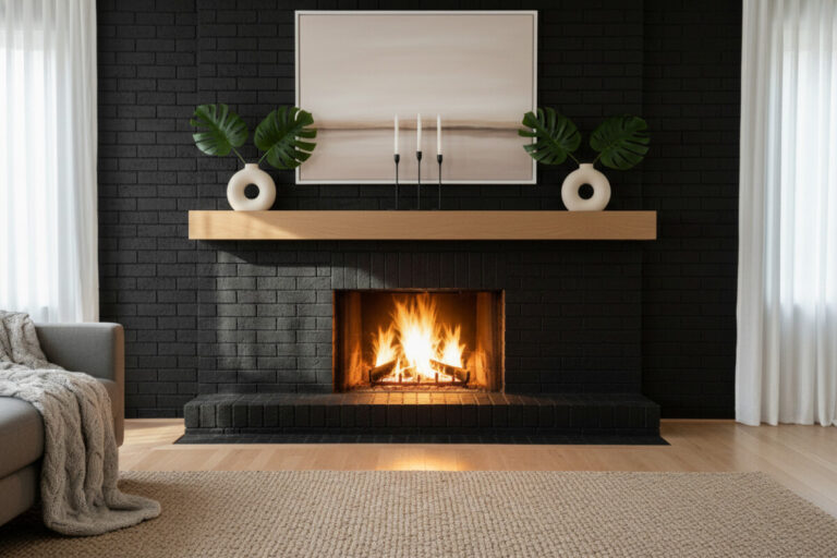 Warm minimalism: perfectly centered matte black brick surround, light oak floating mantel with donut vases and Monstera leaves, horizontal neutral abstract, roaring fire, beige woven rug—showcasing black brick fireplace with wood mantel and floor-to-ceiling black brick fireplace wall.