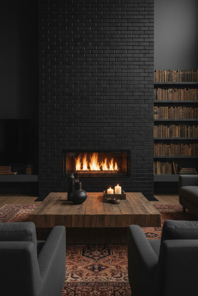 Dramatic evening scene with a towering floor-to-ceiling black brick fireplace wall, horizontal gas insert, reclaimed wood coffee table with candles, oriental rug, and book-filled shelves glowing in firelight.