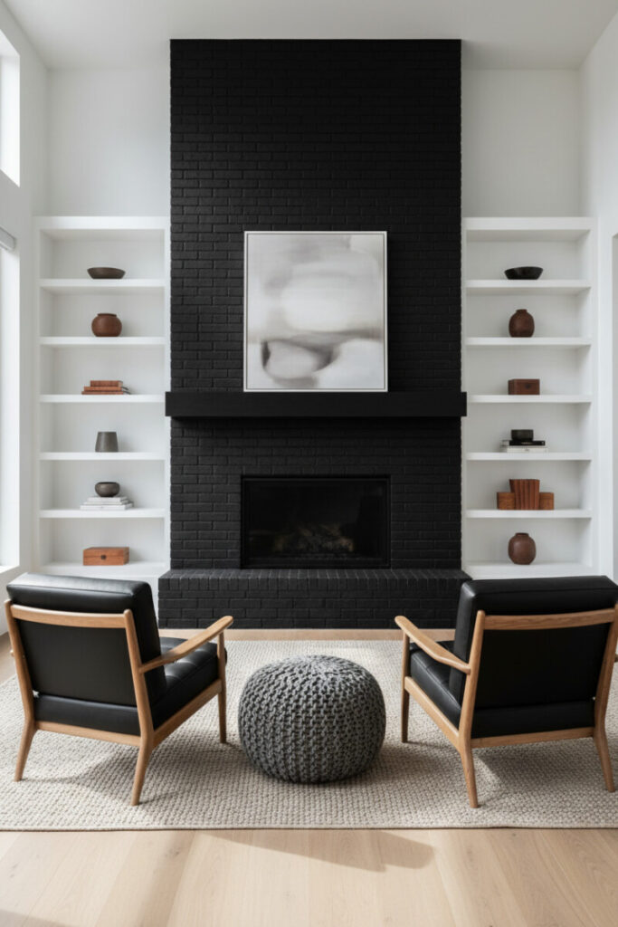 Minimalist black chimney flanked by white recessed bookcases, centered floating mantel and square abstract art, oak-and-leather armchairs, jute rug—serene modern fireplace ideas.