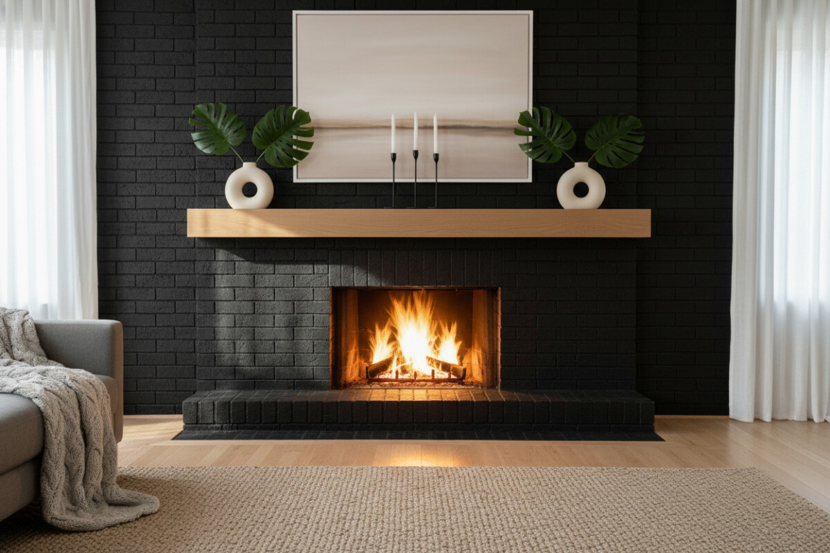 Warm minimalism: perfectly centered matte black brick surround, light oak floating mantel with donut vases and Monstera leaves, horizontal neutral abstract, roaring fire, beige woven rug—showcasing black brick fireplace with wood mantel and floor-to-ceiling black brick fireplace wall.