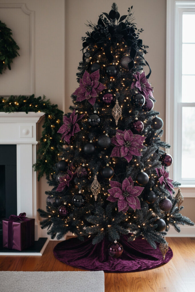 Charcoal-black tree with plush purple velvet poinsettias, aubergine baubles, and bronze teardrops beside a window—soft luxury black Christmas tree decorations.